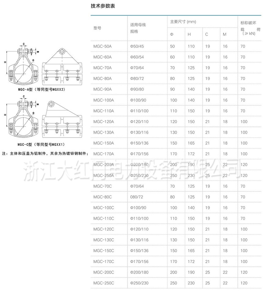 MGC-A型、C型管母線懸掛金具（短型）等同型號MGX